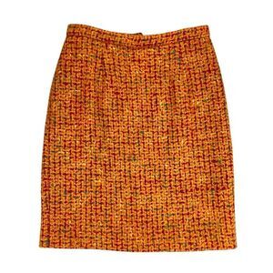 Anne Klein Tweed Mini Pencil Skirt Sz 8 Orange Red Plaid Vintage 80s 90s Elegant